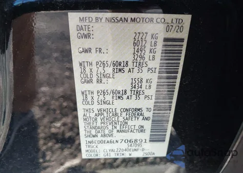 2020 Nissan Frontier Sv 4X2 z USA, uszkodzony, nr VIN 1N6ED0EA6LN706891